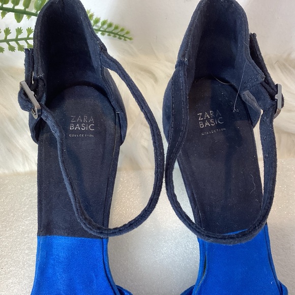 ZARA ANKLE STRAP POINTY TOE HEELS VEGAN LEATHER BLUE BLACK SZ EUR 39 US 9 - Picture 8 of 9